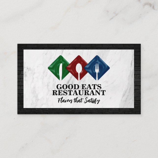 Tarjeta De Visita Logotipo de restaurante Silverware | Mármol | Ladr (Anverso)