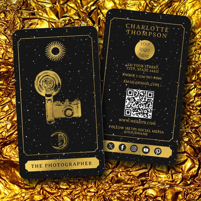 Tarjeta De Visita Logotipo de Tarot Celeste Fotógrafo de Oro Negro (Celestial Tarot Logo Black Gold Photographer Business Card)