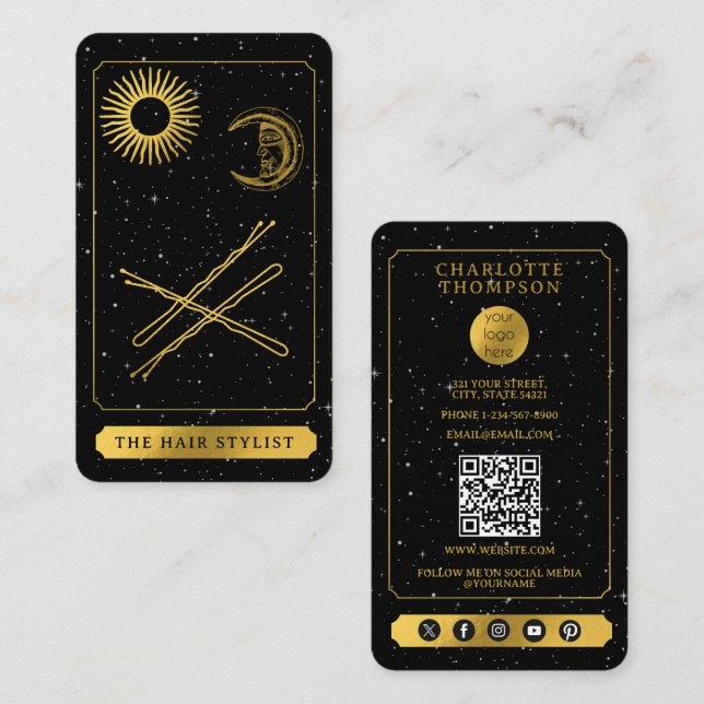 Tarjeta De Visita Logotipo de Tarot Celeste Peluquería de peluquero  (Anverso / Reverso)