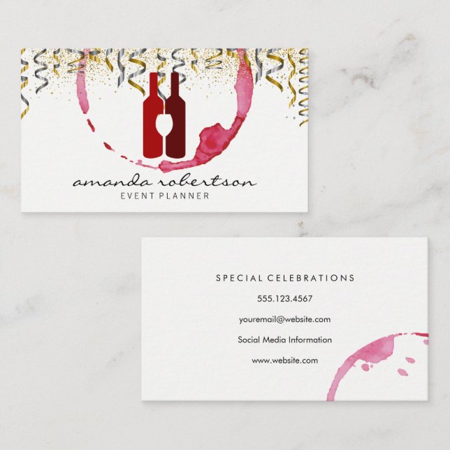 Tarjeta De Visita Logotipo de vino | Fiesta Confetti (Anverso / Reverso)