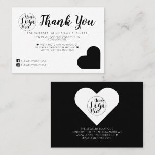 Tarjeta De Visita Logotipo del corazón negro blanco simple Gracias a