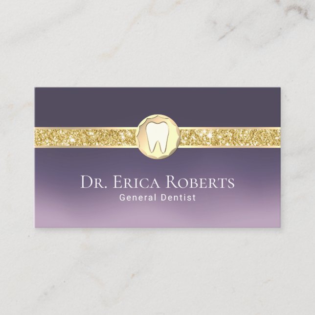 Tarjeta De Visita Logotipo Dentista Moderno Gold Tooth Purple Ombre  (Anverso)