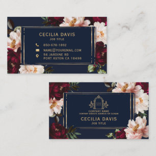 Tarjeta De Visita Logotipo floral azul marino rubor burgundy oscuro 
