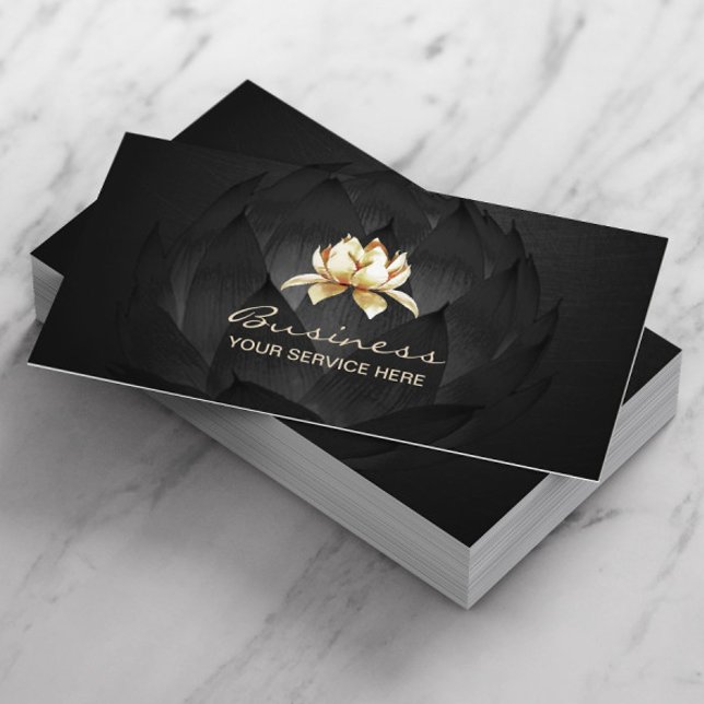 Tarjeta De Visita Logotipo Gold Lotus elegante Floral negra (Subido por el creador)
