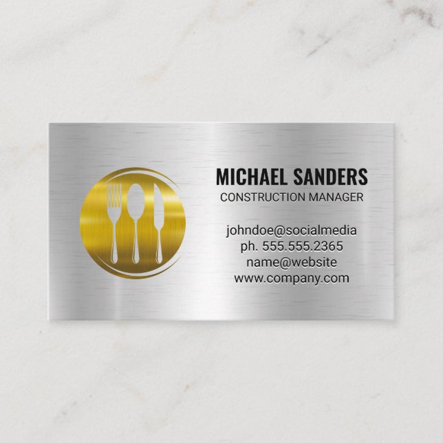 Tarjeta De Visita Logotipo Gold Silverware | Fondo metálico (Anverso)