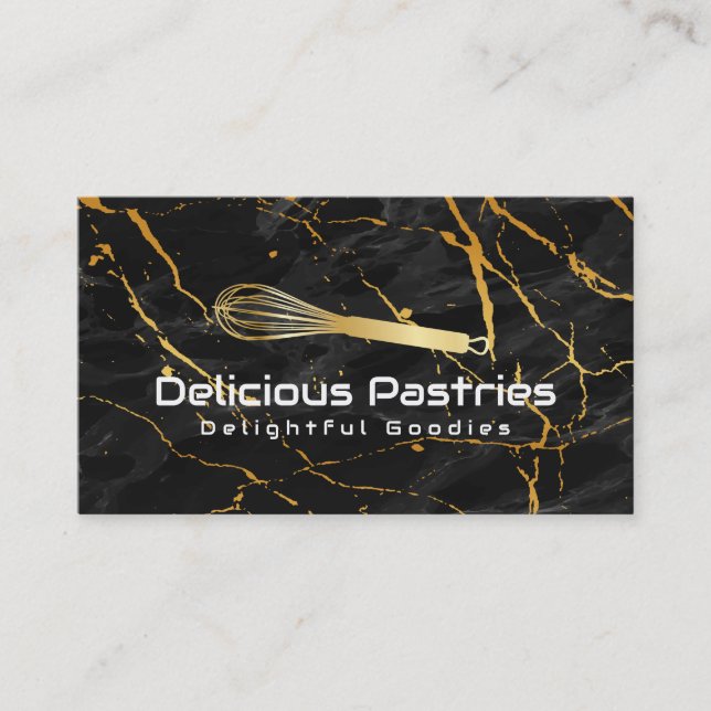 Tarjeta De Visita Logotipo Gold Whisk | Mármol negro (Anverso)