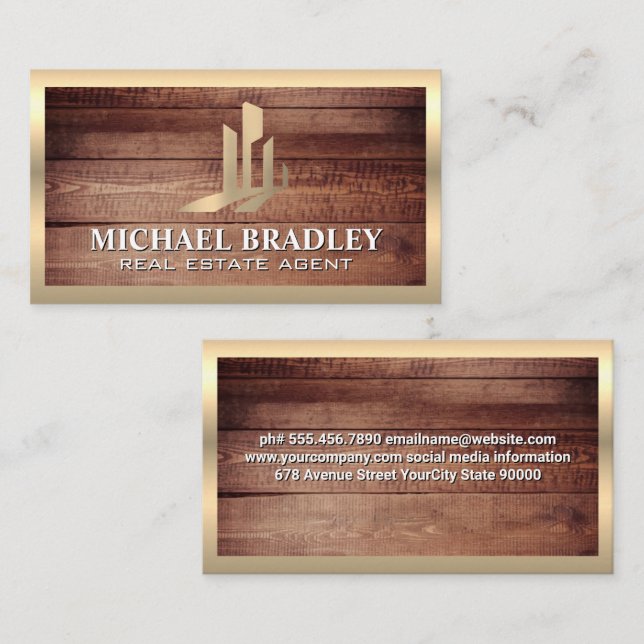 Tarjeta De Visita Logotipo inmobiliario | Rustic Wood Gold Metalizad (Anverso / Reverso)
