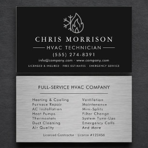 Tarjeta De Visita Logotipo metálico de acero negro HVAC personalizab