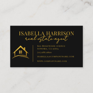 Tarjeta De Visita Logotipo moderno de bienes raíces en negro y oro
