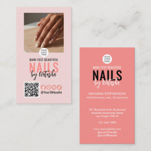 Tarjeta De Visita Logotipo moderno en rosa con código QR de manicura