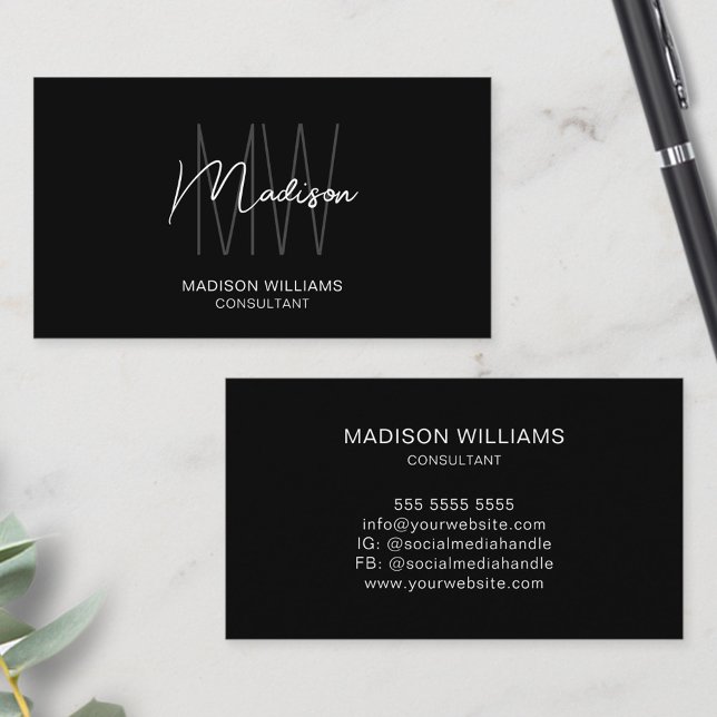Tarjeta De Visita Logotipo moderno Monograma Consultor blanco negro (Modern Monogram Logo Black White Consultant Business Card)