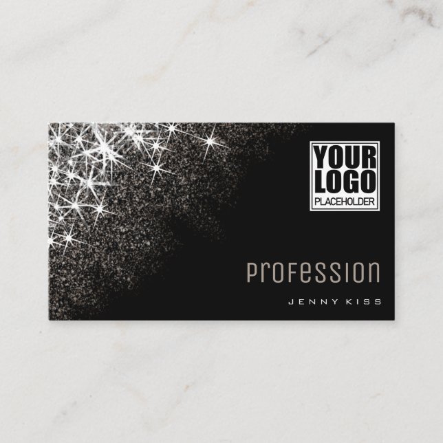 Tarjeta De Visita Logotipo moderno Platino Purpurina Personalizado E (Anverso)