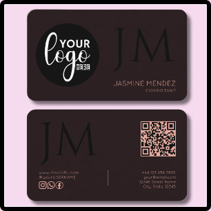 Tarjeta De Visita Logotipo moderno QR de monograma negro coral burgu