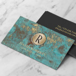 Tarjeta De Visita Logotipo Monograma Vintage Turquesa de oro y Verde<br><div class="desc">Logotipo Monograma Vintage Turquesa de Oro y Tarjetas de Negocios Verde azuladas.</div>