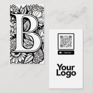 Tarjeta De Visita Logotipo Monogramado B de código QR floral blanco