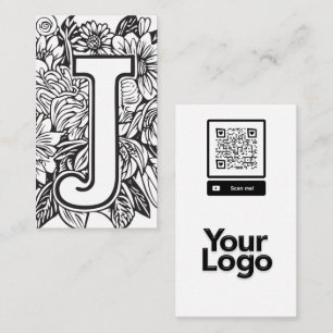 Tarjeta De Visita Logotipo monogramado J Código QR floral blanco y n