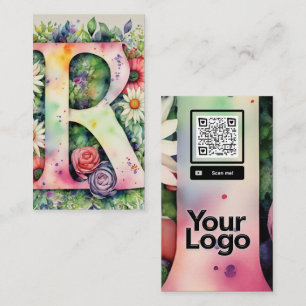 Tarjeta De Visita Logotipo Monogramado R Daisy Floral Watercolor QR 