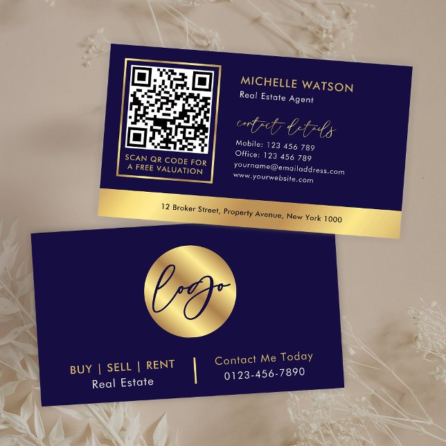 Tarjeta De Visita Logotipo Navy & Gold Código QR inmobiliario modern (Elegant navy blue and gold business cards with space for your logo and QR code)