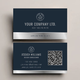 Tarjeta De Visita Logotipo personalizado Elegante código QR Plata Az