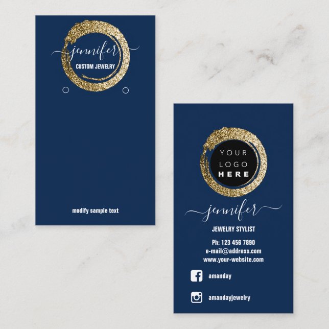 Tarjeta De Visita Logotipo Personalizado Jewelry Social Media Blue N (Anverso / Reverso)