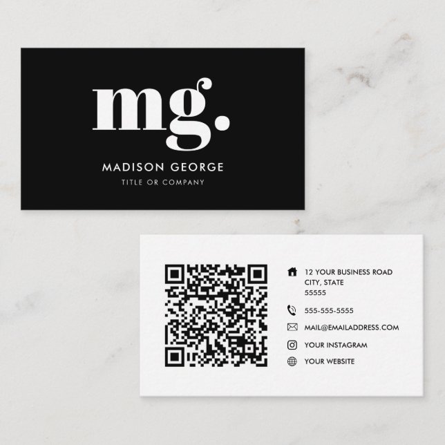 Tarjeta De Visita logotipo personalizado monograma código QR minimal (Anverso / Reverso)