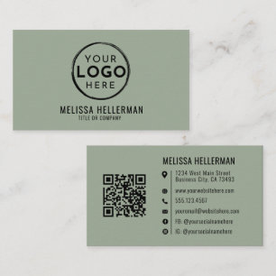 Tarjeta De Visita Logotipo Profesional Código QR Verde Salvia