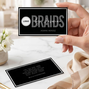 Tarjeta De Visita Logotipo Simple Moderno Peinadora de Trenzas Negro