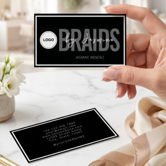 Tarjeta De Visita Logotipo Simple Moderno Peinadora de Trenzas Negro