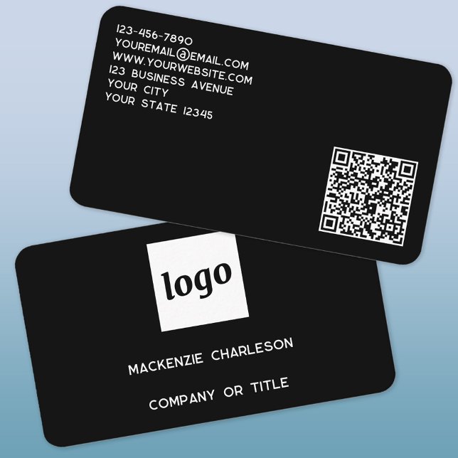 Tarjeta De Visita Logotipo simple y código QR (Logo QR code custom text professional minimalist black business card)