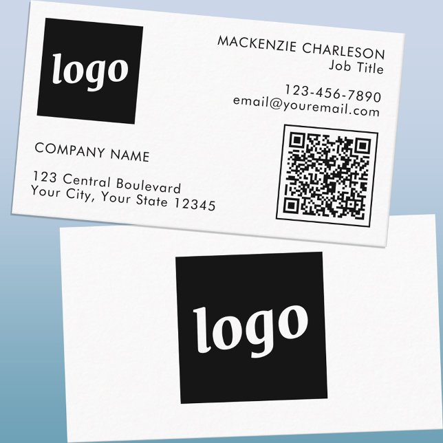Tarjeta De Visita Logotipo simple y código QR de texto (Logo with QR code and custom text business cards)