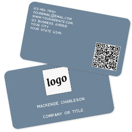 Tarjeta De Visita Logotipo simple y código QR gris azul turbio