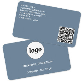 Tarjeta De Visita Logotipo simple y código QR gris azul turbio