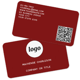 Tarjeta De Visita Logotipo simple y código QR rojo Borgoña