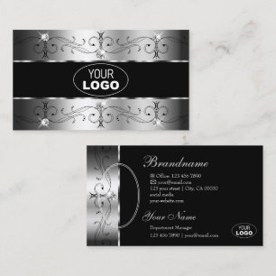 Tarjeta De Visita Logotipo y foto de lujo Silver Black Ornate Border