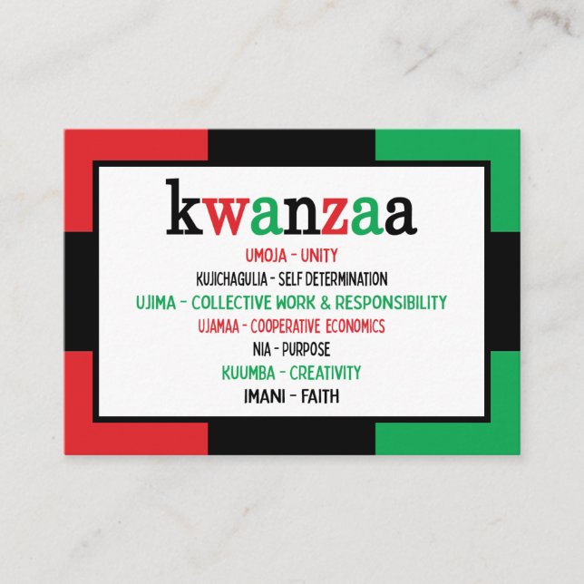 Tarjeta De Visita Los 7 principios modernos son el negro verde Kwanz (Anverso)