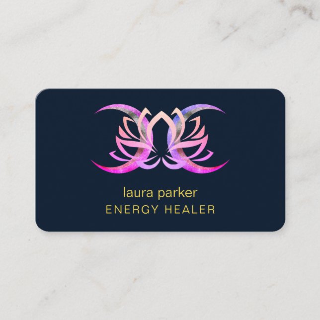 Tarjeta De Visita Lotus Flower Mystic Moon Purple Gold Reiki Healer (Anverso)
