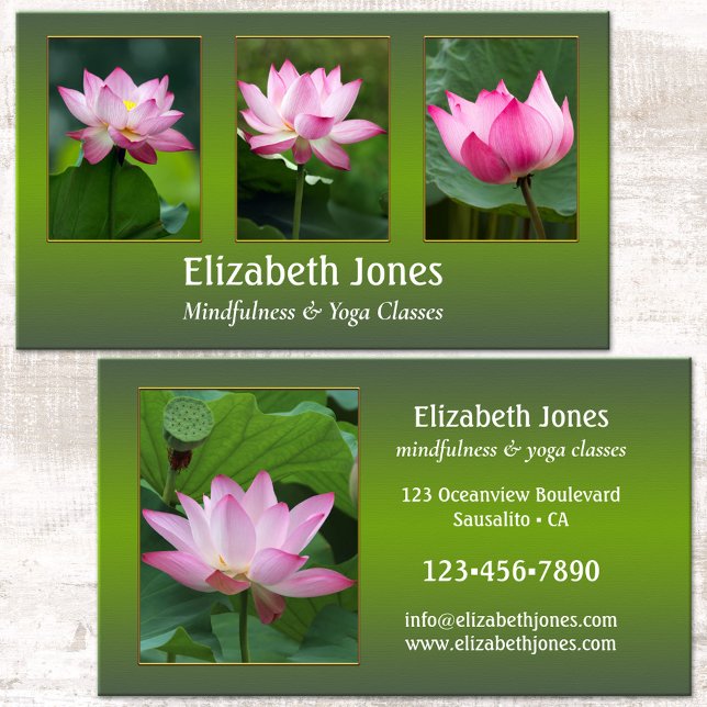 Tarjeta De Visita Lotus Mindness Yoga Tus Fotos (Elegant green design business card with pink lotus flowers or custom photos - meditation - yoga)