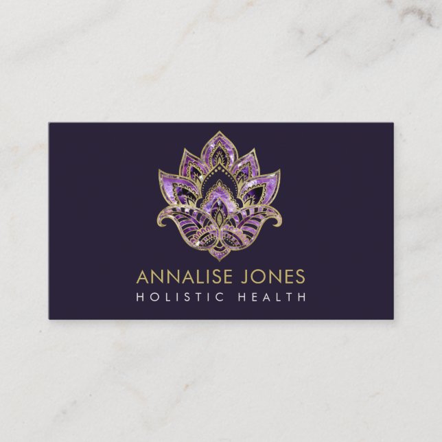 Tarjeta De Visita Lotus - textura Amethyst y oro adornados (Anverso)