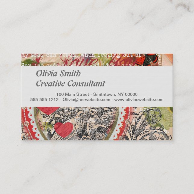 Tarjeta De Visita Love Birds Heart Red Art Collage (Anverso)