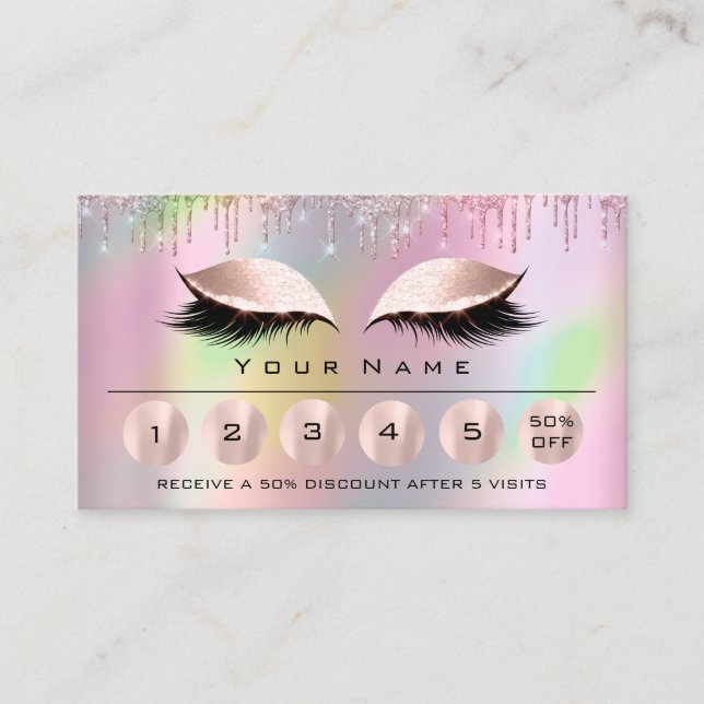 Tarjeta De Visita Loyaliy 6 Makeup Esteticista Eyelash Rosa Holograp (Anverso)