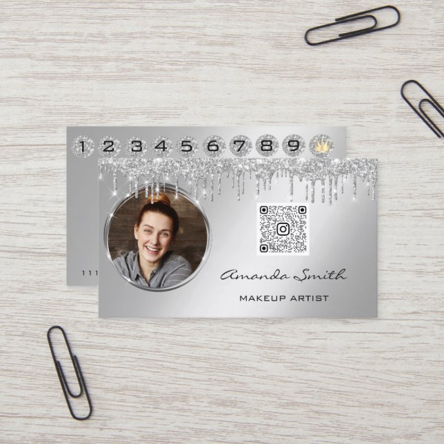 Tarjeta De Visita Loyalty Card 10 Punch Crown  Silver QR Logo Photo  (Anverso/Reverso In Situ)