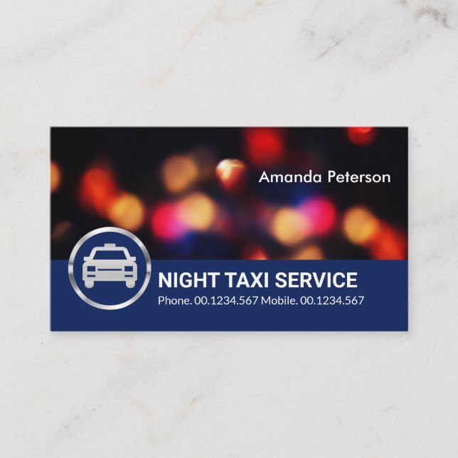 Tarjeta De Visita Luces Nocturnas Tráfico Bokeh Servicio de Taxi (Anverso)