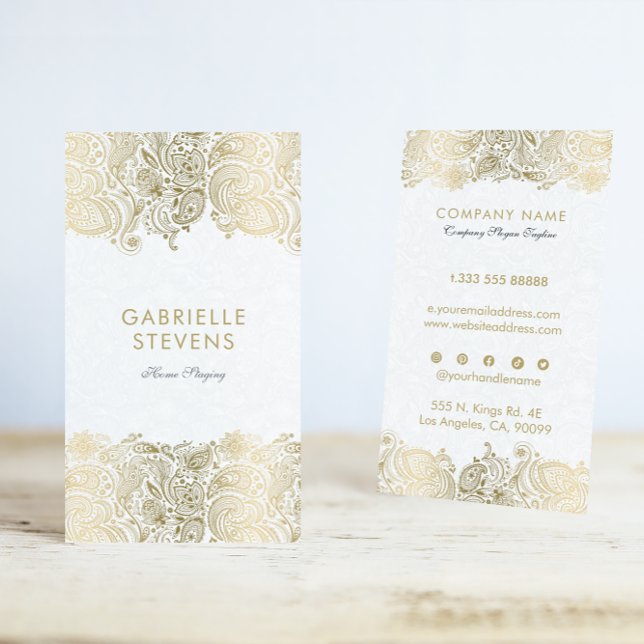 Tarjeta De Visita Lugar floral Gold and White Paisley (Subido por el creador)