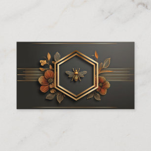 Tarjeta De Visita Lujo Abeja Dorada Hexágono Floral Medianoche Negro