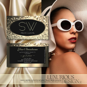 Tarjeta De Visita Lujo Black Gold Sparkling Purpurinas Stars Monogra