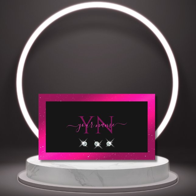 Tarjeta De Visita Lujo Black Pink Sparkle Diamonds Monograma moderno (Subido por el creador)