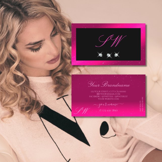 Tarjeta De Visita Lujo Black Pink Sparkle Diamonds Monograma Trendy (Subido por el creador)