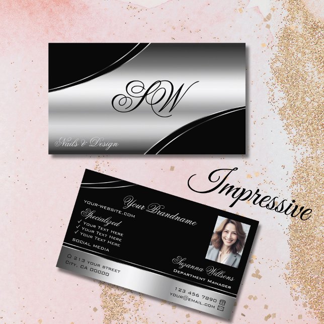 Tarjeta De Visita Lujo Black Silver Curved Lines Monograma Foto (Subido por el creador)