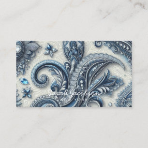 Tarjeta De Visita Lujo Diamante de Paisley Azul y Blanco