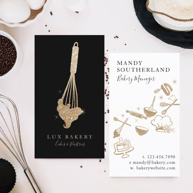 Tarjeta De Visita Lujo Dorado Sparkle Bakers Golden Whisk (Subido por el creador)